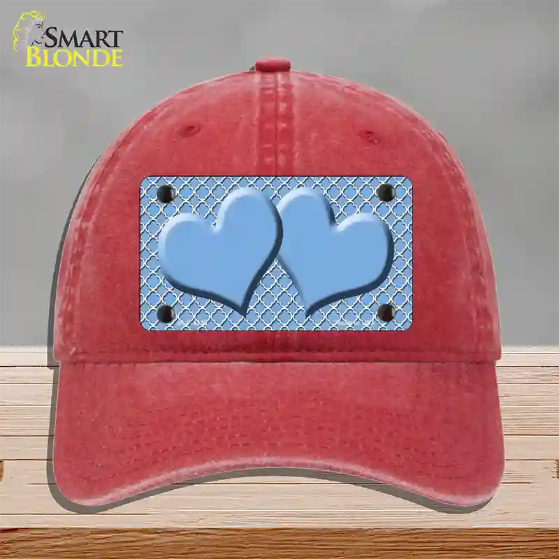Light Blue White Quatrefoil Light Blue Center Hearts Novelty License Plate Hat Unconstructed Cotton / Red