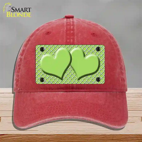 Lime Green White Quatrefoil Lime Green Center Hearts Novelty License Plate Hat Unconstructed Cotton / Red