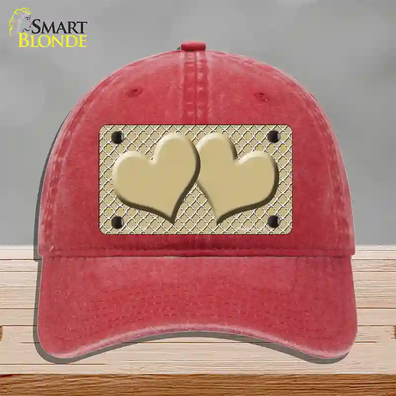 Gold White Quatrefoil Gold Center Hearts Novelty License Plate Hat Unconstructed Cotton / Red