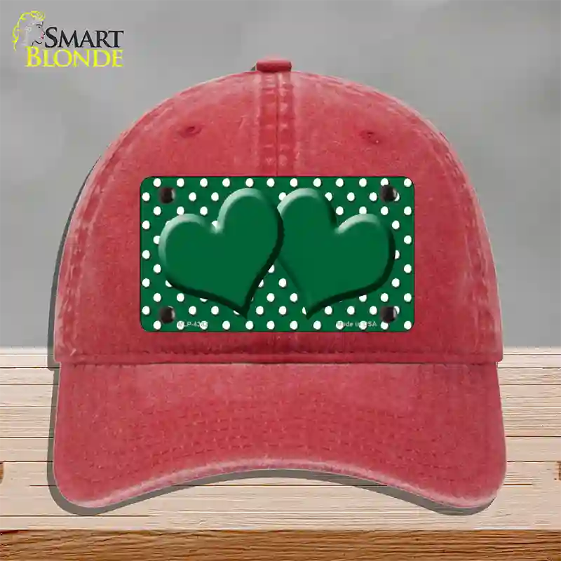 Green White Polka Dot Center Hearts Novelty License Plate Hat Unconstructed Cotton / Red