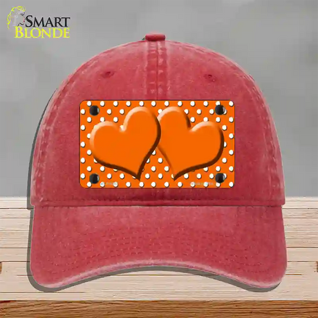 Orange White Polka Dot Center Hearts Novelty License Plate Hat Unconstructed Cotton / Red