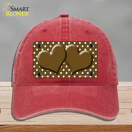 Brown White Polka Dot Center Hearts Novelty License Plate Hat Unconstructed Cotton / Red