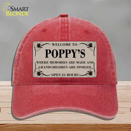 Welcome To Poppys Novelty License Plate Hat Unconstructed Cotton / Red