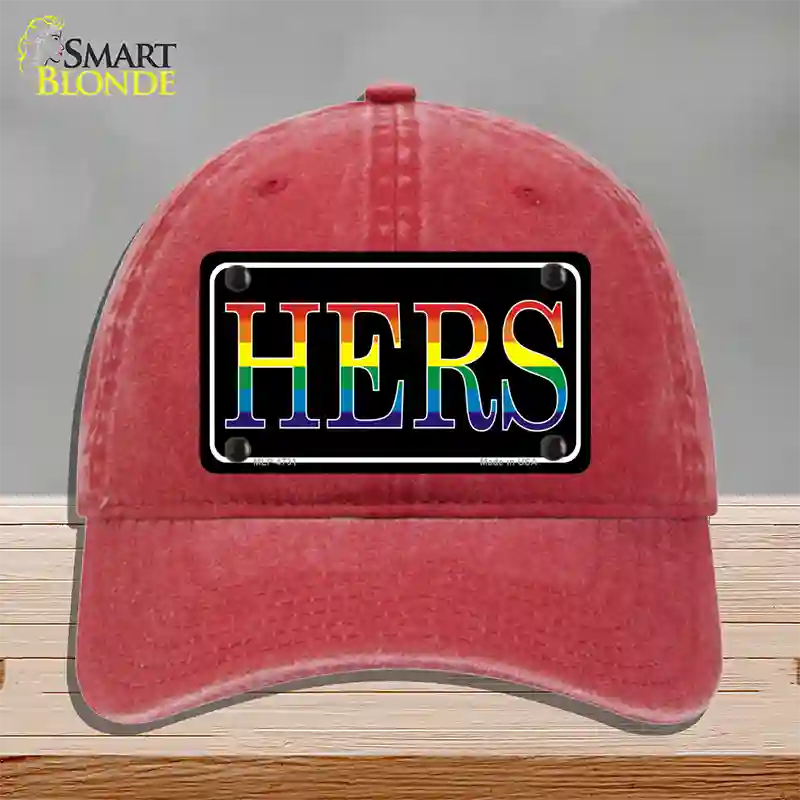 Hers Rainbow Novelty License Plate Hat Unconstructed Cotton Red