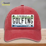 Golfing Michigan State Novelty License Plate Hat Unconstructed Cotton / Red