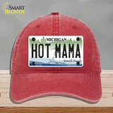 Hot Mama Michigan Novelty License Plate Hat Unconstructed Cotton / Red