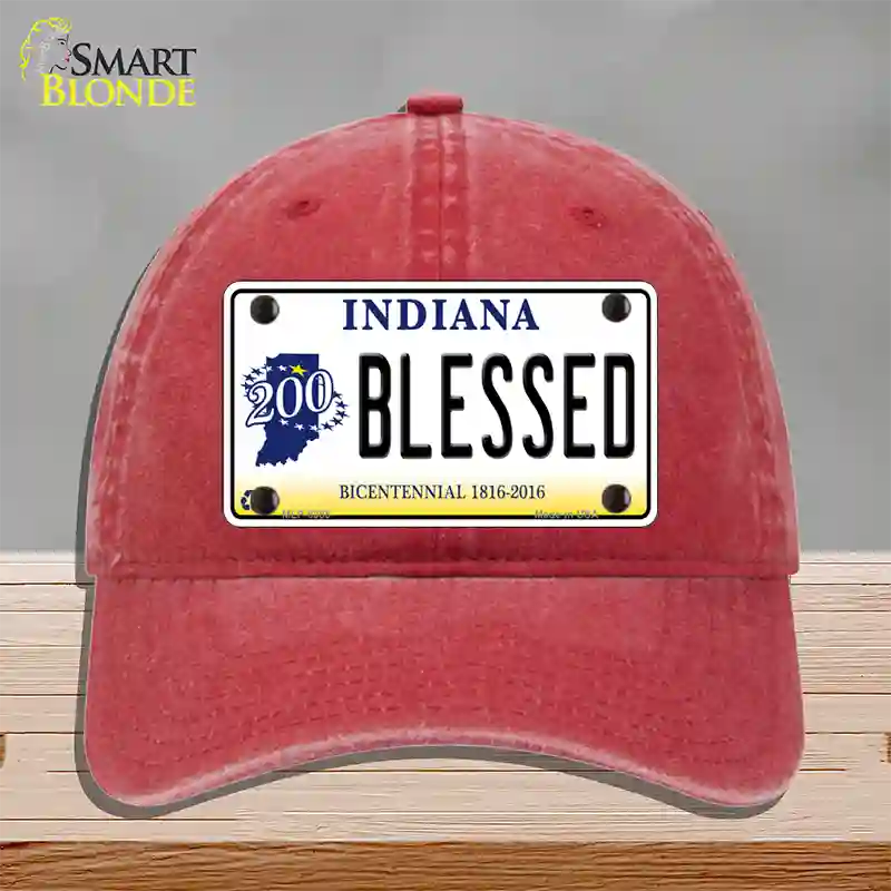 Blessed Indiana Novelty License Plate Hat Unconstructed Cotton / Red
