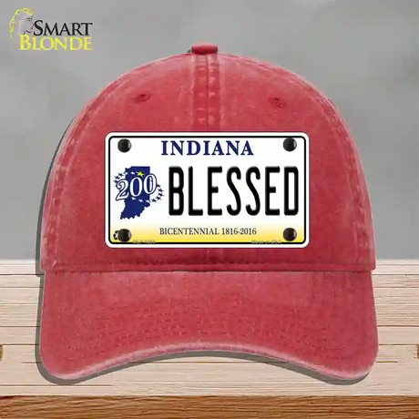 Blessed Indiana Novelty License Plate Hat Unconstructed Cotton / Red