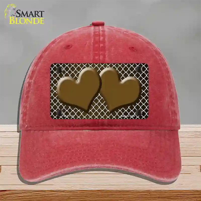 Brown White Quatrefoil Hearts Oil Rubbed Novelty License Plate Hat Unconstructed Cotton / Red