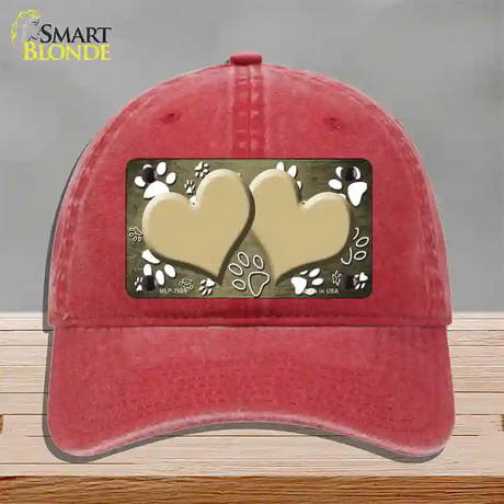 Paw Heart Gold White Novelty License Plate Hat Unconstructed Cotton / Red