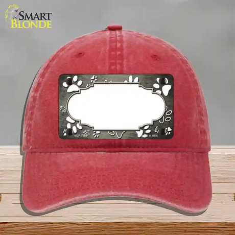Paw Scallop Tan White Novelty License Plate Hat Unconstructed Cotton / Red
