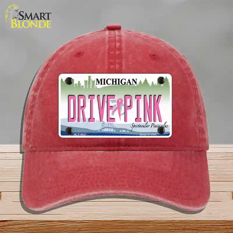 Drive Pink Michigan Novelty License Plate Hat Unconstructed Cotton / Red