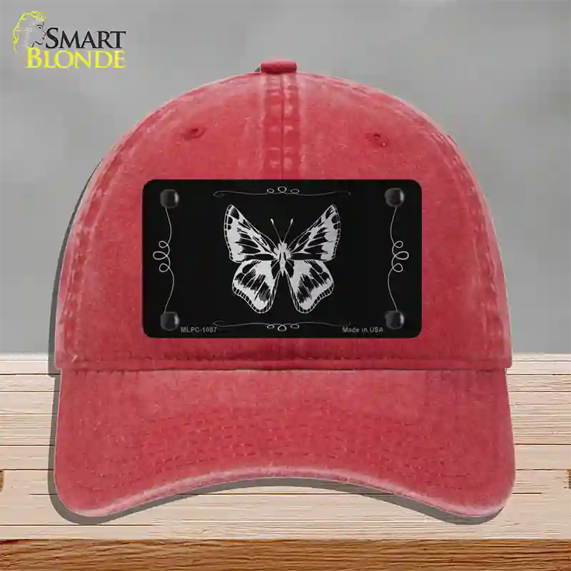 Butterfly Black Brushed Chrome Novelty License Plate Hat Unconstructed Cotton / Red
