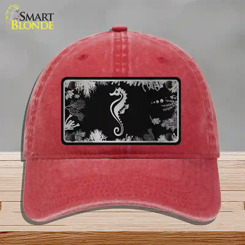 Sea Horse Black Brushed Chrome Novelty License Plate Hat Unconstructed Cotton / Red