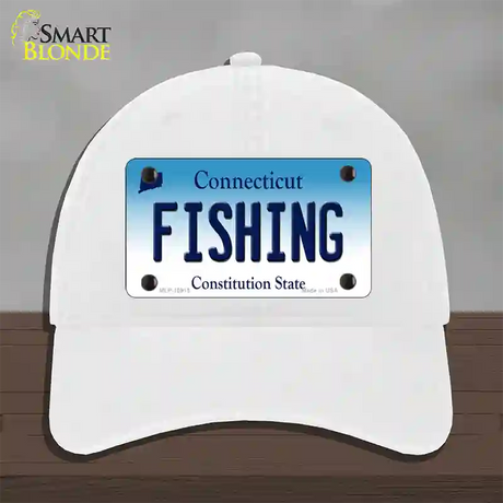 Fishing Connecticut Novelty License Plate Hat Unconstructed Cotton / White