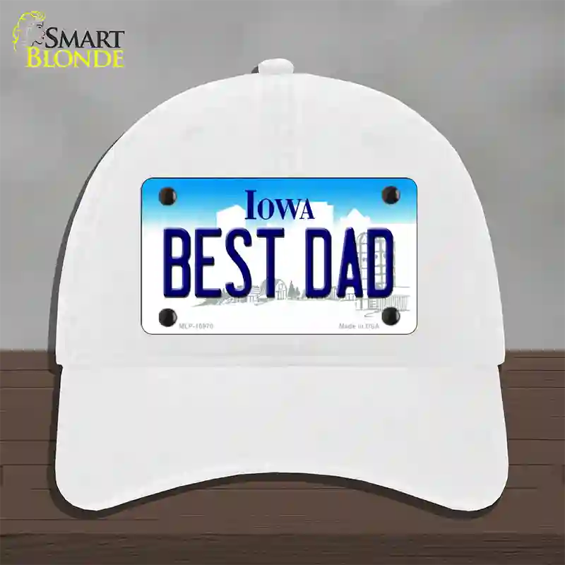 Best Dad Iowa Novelty License Plate Hat Unconstructed Cotton / White
