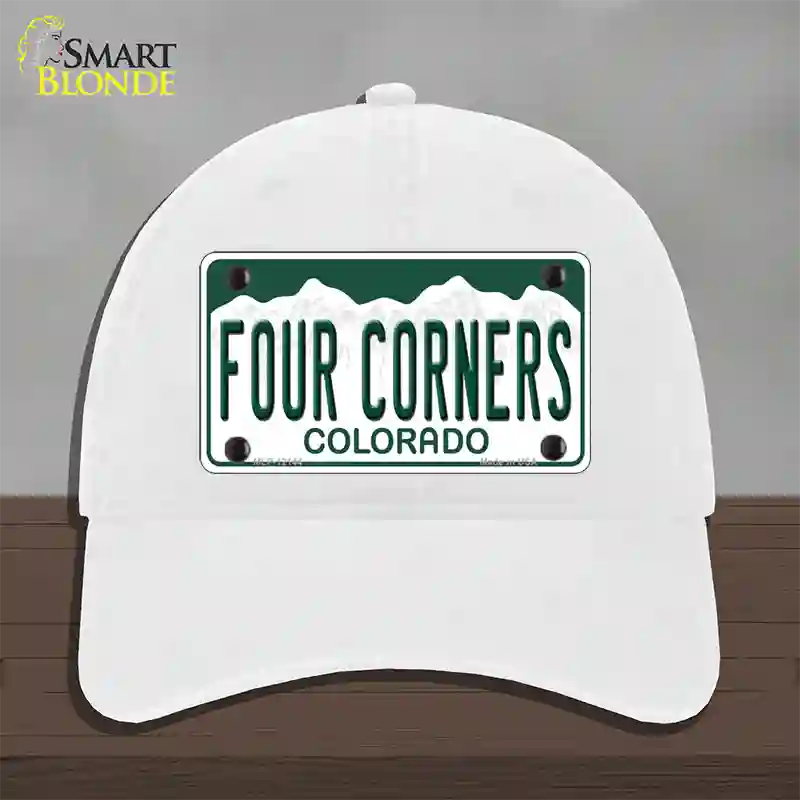 Four Corners Colorado Novelty License Plate Hat Unconstructed Cotton White