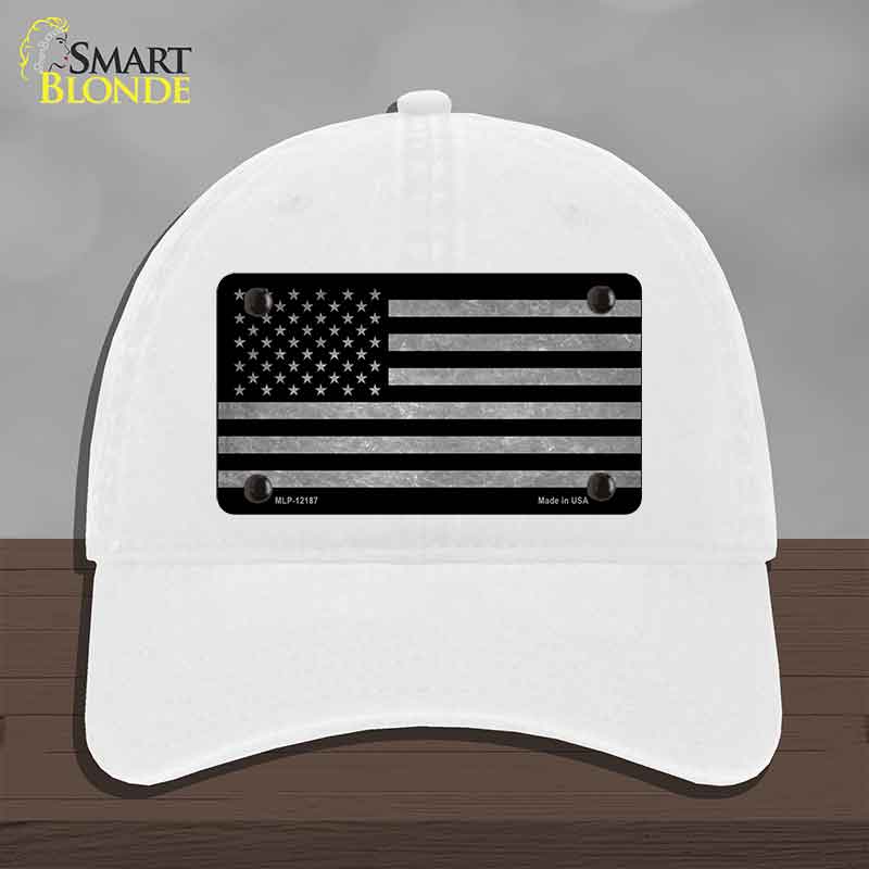 American Flag Black and Gray Novelty License Plate Hat Unconstructed Cotton White
