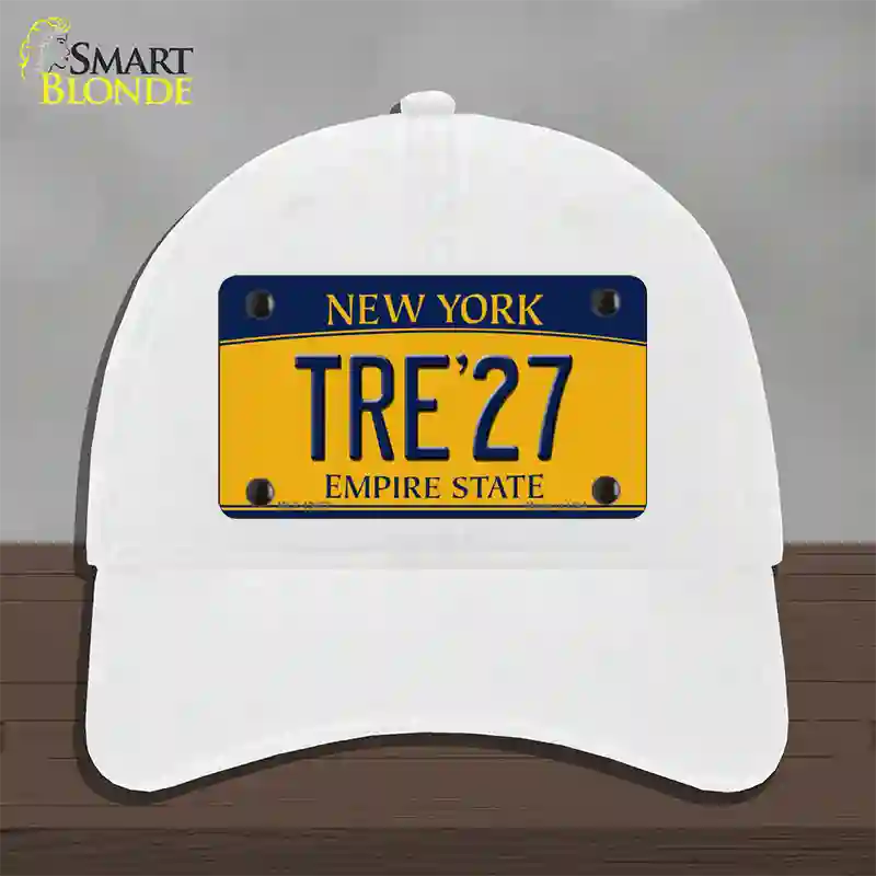Tre 27 New York Yellow Novelty License Plate Hat Tag Unconstructed Cotton White