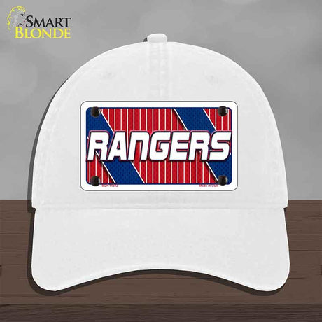 White cap with a 'Rangers' license plate design on a gray background