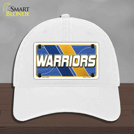 White cap with 'Warriors' design on a gray background