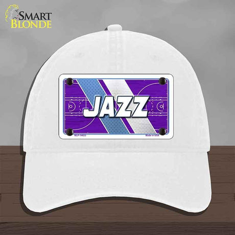 White cap with a purple and blue design and 'JAZZ' text on a gray background