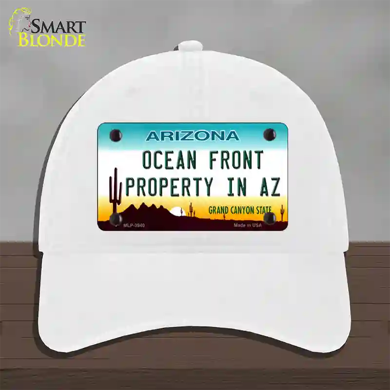Ocean Front Property Novelty License Plate Hat Unconstructed Cotton / White