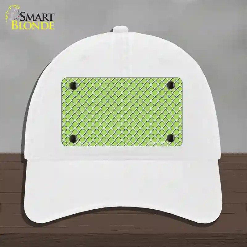 Lime Green White Quatrefoil Novelty License Plate Hat Unconstructed Cotton / White