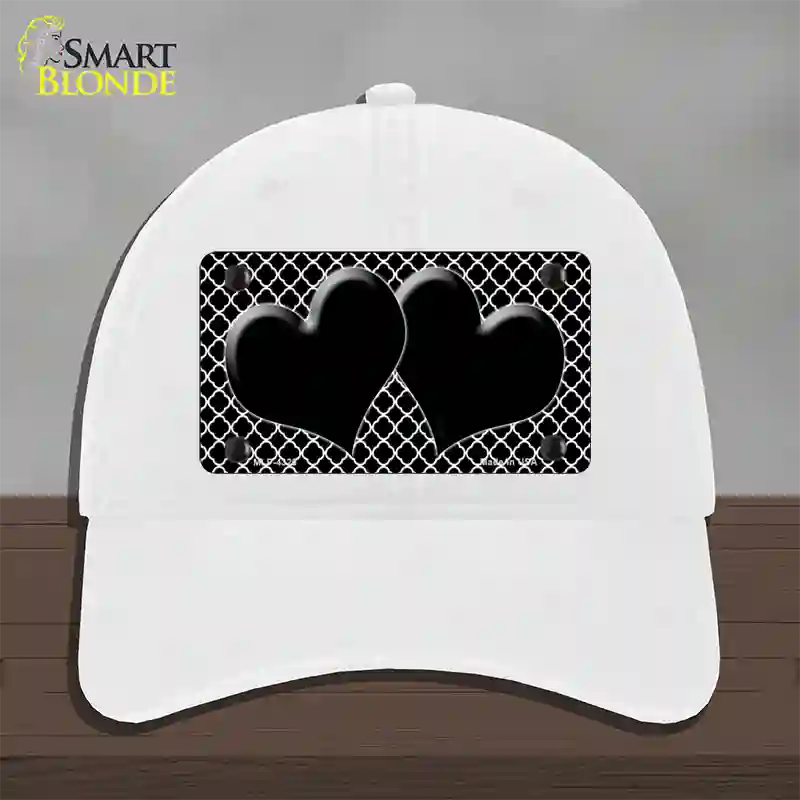 Black White Quatrefoil Black Center Hearts Novelty License Plate Hat Unconstructed Cotton / White