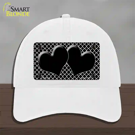 Black White Quatrefoil Black Center Hearts Novelty License Plate Hat Unconstructed Cotton / White
