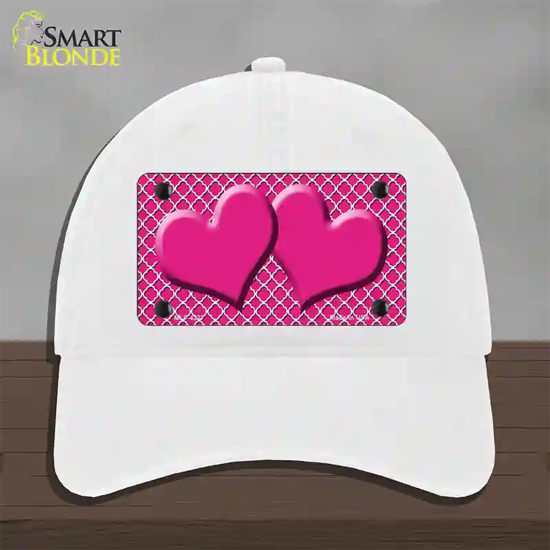 Pink White Quatrefoil Hot Pink Center Hearts Novelty License Plate Hat Unconstructed Cotton / White