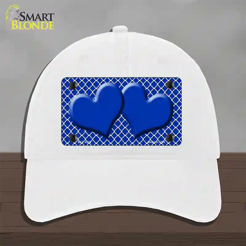 Blue White Quatrefoil Blue Center Hearts Novelty License Plate Hat Unconstructed Cotton / White