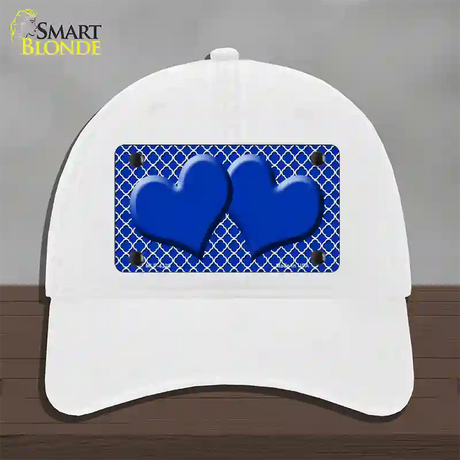 Blue White Quatrefoil Blue Center Hearts Novelty License Plate Hat Unconstructed Cotton / White