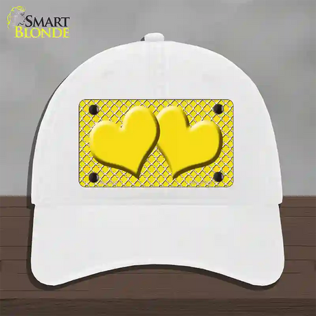 Yellow White Quatrefoil Yellow Center Hearts Novelty License Plate Hat Unconstructed Cotton / White