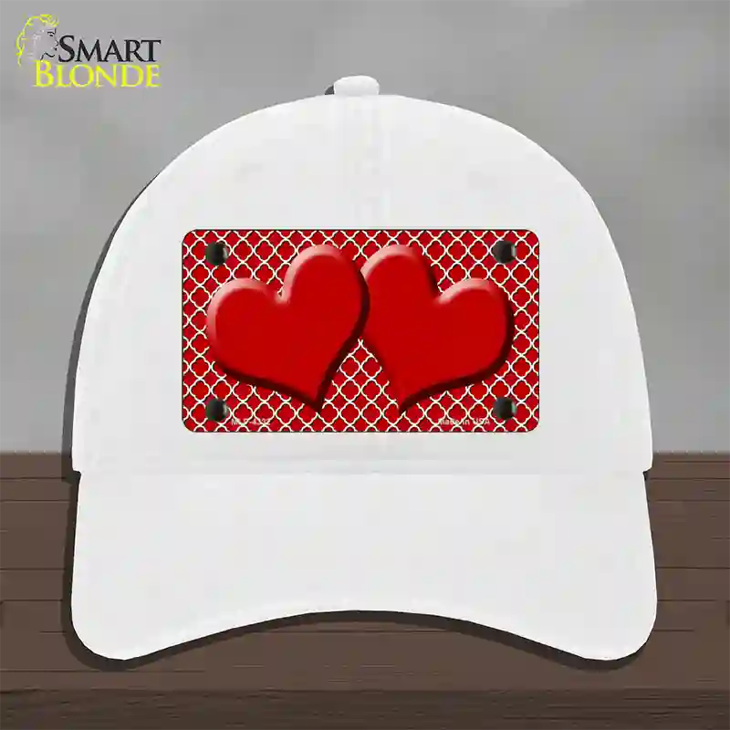 Red White Quatrefoil Red Center Hearts Novelty License Plate Hat Unconstructed Cotton / White