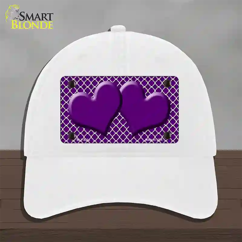 Purple White Quatrefoil Purple Center Hearts Novelty License Plate Hat Unconstructed Cotton / White