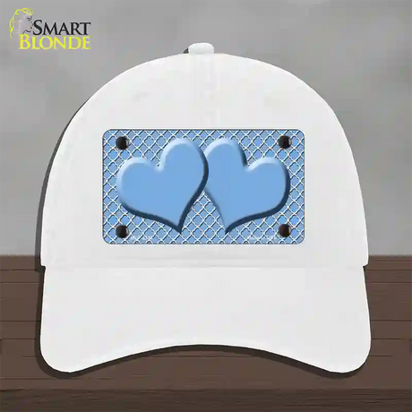 Light Blue White Quatrefoil Light Blue Center Hearts Novelty License Plate Hat Unconstructed Cotton / White