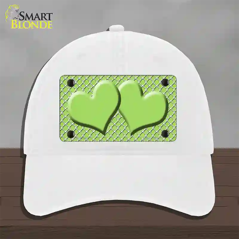 Lime Green White Quatrefoil Lime Green Center Hearts Novelty License Plate Hat Unconstructed Cotton / White