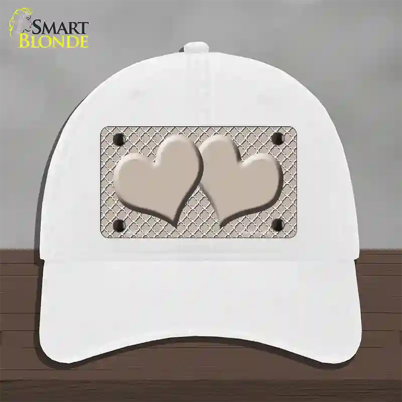 Tan White Quatrefoil Tan Center Hearts Novelty License Plate Hat Unconstructed Cotton / White