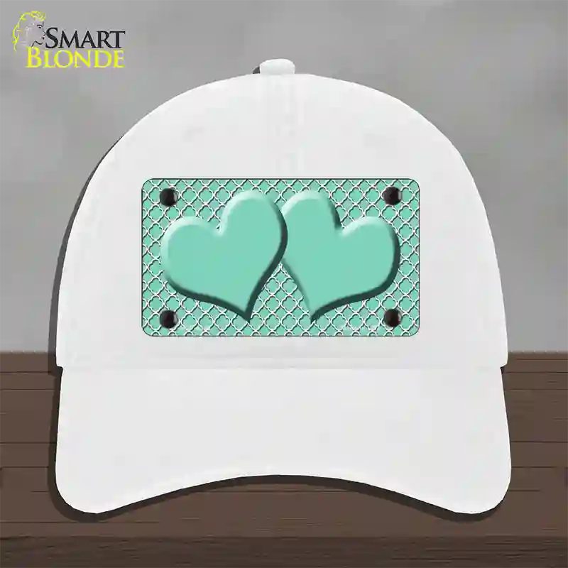 Mint White Quatrefoil And Mint Center Hearts Novelty License Plate Hat Unconstructed Cotton / White