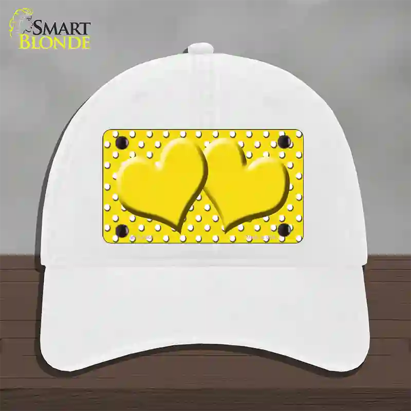 Yellow White Polka Dot Center Hearts Novelty License Plate Hat Unconstructed Cotton / White