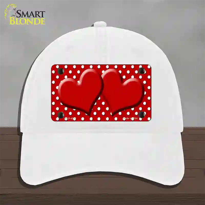 Red White Polka Dot Center Hearts Novelty License Plate Hat Unconstructed Cotton / White