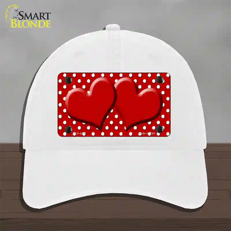 Red White Polka Dot Center Hearts Novelty License Plate Hat Unconstructed Cotton / White