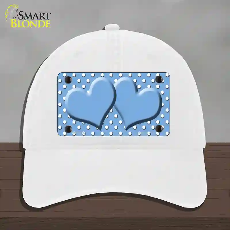 Light Blue White Polka Dot Center Hearts Novelty License Plate Hat Unconstructed Cotton / White