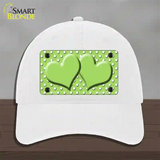 Lime Green White Polka Dot Center Hearts Novelty License Plate Hat Unconstructed Cotton / White