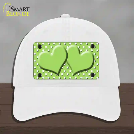 Lime Green White Polka Dot Center Hearts Novelty License Plate Hat Unconstructed Cotton / White