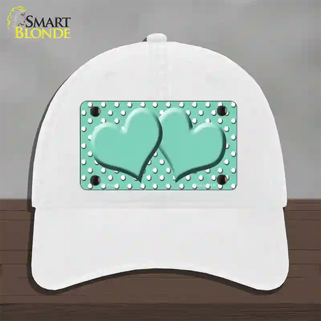 Mint White Polka Dot Center Hearts Novelty License Plate Hat Unconstructed Cotton / White