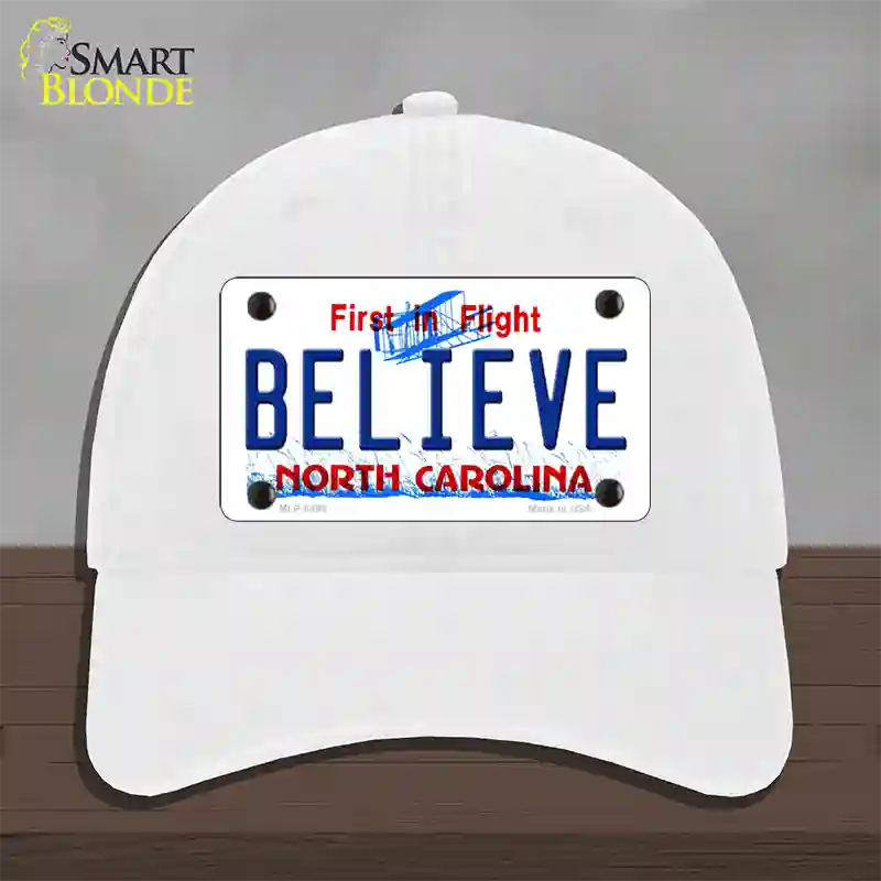 Believe North Carolina Novelty License Plate Hat Unconstructed Cotton / White