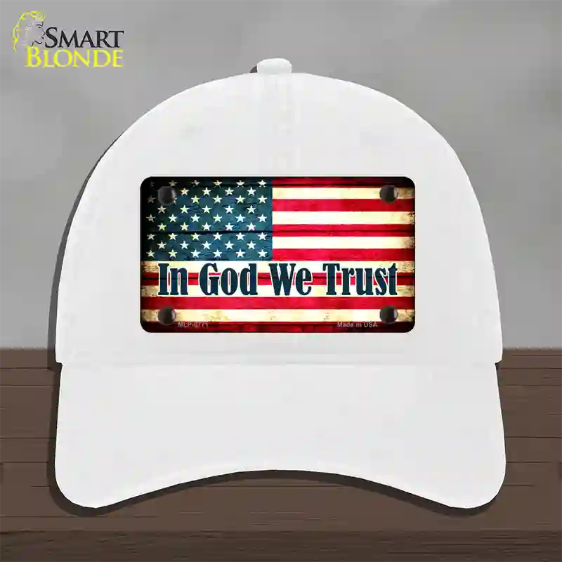In God We Trust American Flag Novelty License Plate Hat Unconstructed Cotton / White