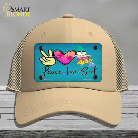 Peace Love Surf Novelty License Plate Hat Mesh / Khaki